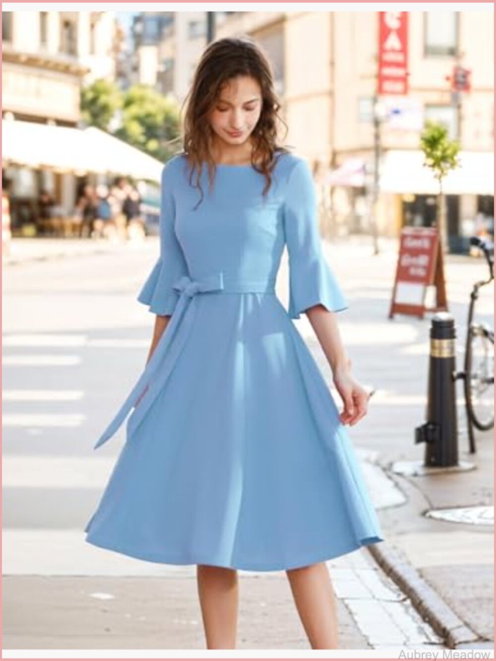Vintage Bell Sleeve Swing Midi Dress with Belt for Church Wedding Cocktail - Picture 3 of 7